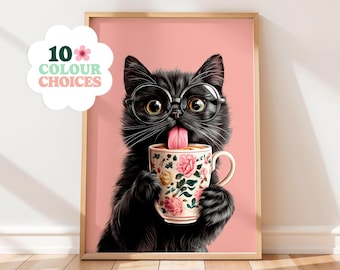 Black Cat Coffee Print: Funny Kitchen Wall Art