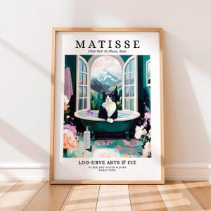 Tuxedo Schwarze Katze in der Badewanne Poster, Matisse Druck, Lustige Badezimmer Wandkunst, Dopamin Dekor, Mid Century Modern Kunst, Henri Matisse Stil