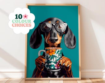 Sausage Dog Coffee Print: Funny Dachshund Art, Kitchen Decor