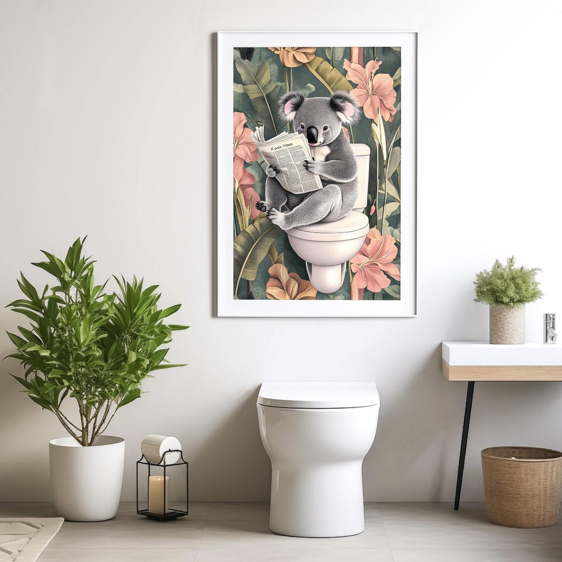 Funny Koala Bathroom Print Animal on Toilet Poster, Dopamine Decor
