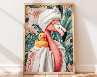 Flamingo in Robe Art Print: Botanical Bathroom Decor