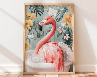 Funny Flamingo in Bathtub Print: Maximalist Bathroom Wall Art