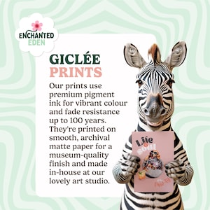 a zebra holding a book titled "Life & Soul" and is accompanied by text describing the quality of the prints.