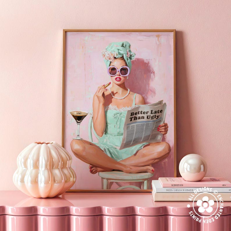 Trendy Retro Coquette Print: 1950s Better Late Than Ugly Newspaper Quote Poster, Girly Wall Art image 3
