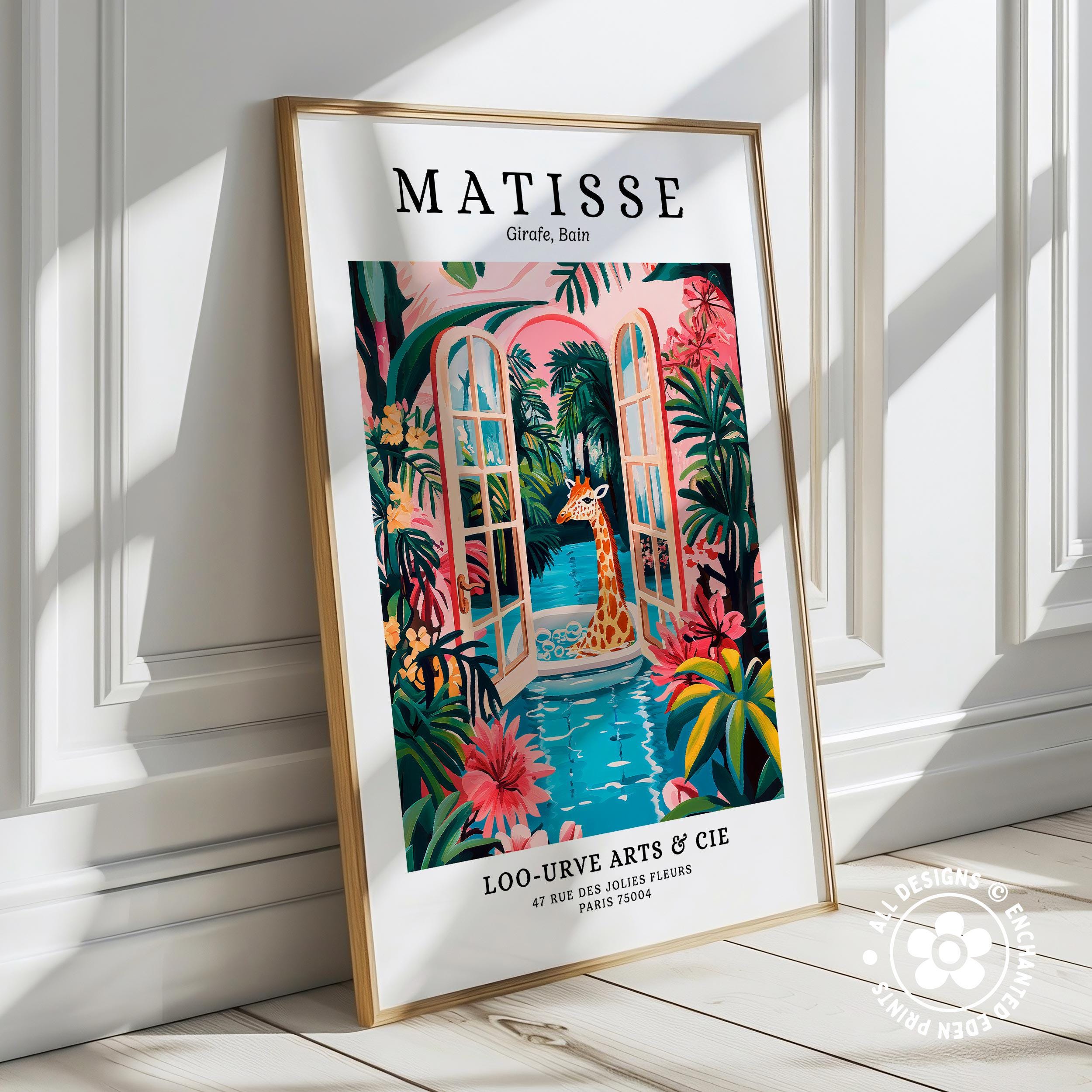 Giraffe in Bath Tub Art Print: Henri Matisse Style Funny Bathroom Wall ...