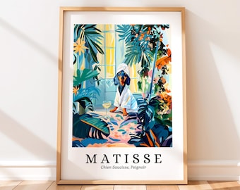 Matisse Dachshund Art Print: Funny Dog in Robe, Botanical & Tropical Bathroom Decor