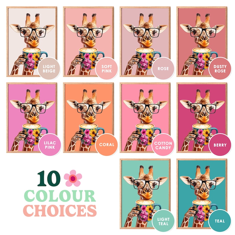 a giraffe with glasses and a pink background