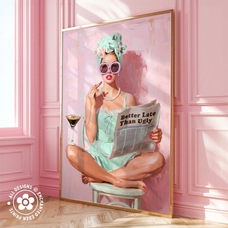 Trendy Retro Coquette Print: 1950s Better Late Than Ugly Newspaper Quote Poster, Girly Wall Art image 6
