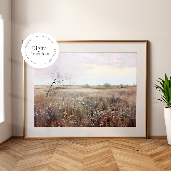 Printable Wildflower Oil Painting - Muted Tone Fall Field with Tree, Canvas-Style Wall Art, Vintage, Wall Decor, Serene Home Gift Idea