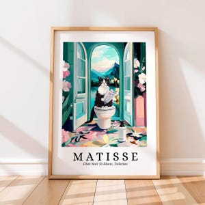 Tuxedo schwarze Katze auf Toilette Poster, Katze Matisse Druck, lustige Badezimmer Wandkunst, Dopamin Dekor, Mid Century moderne Kunst, Henri Matisse Stil