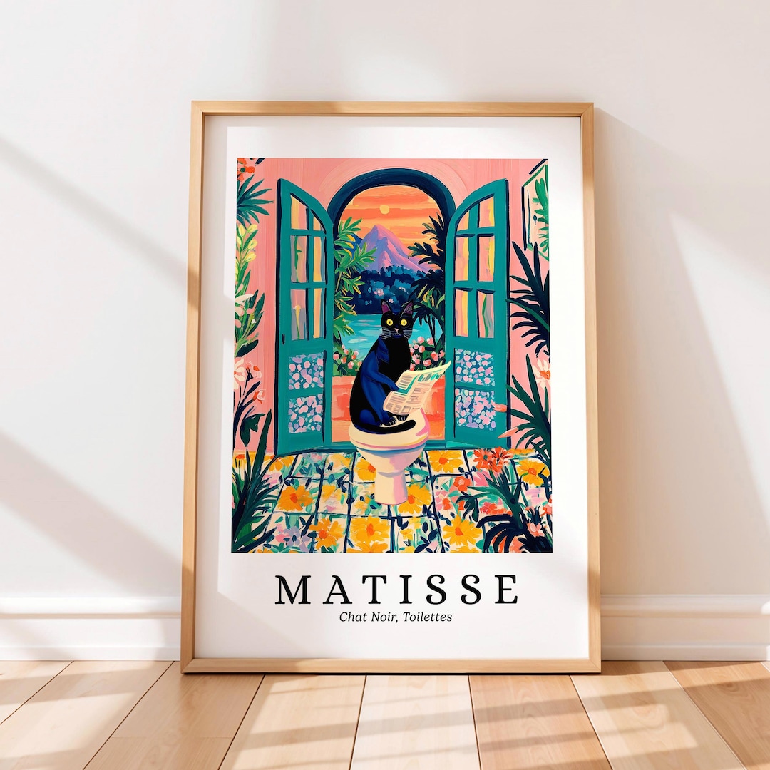 Black Cat on Toilet Art Print: Henri Matisse Style Funny Bathroom Wall ...