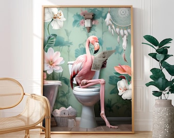 Funny Flamingo Toilet Print: Quirky Bathroom Wall Art