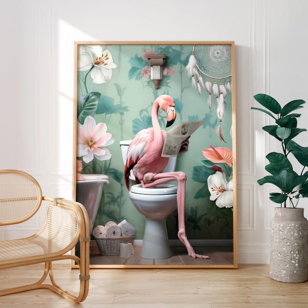 Impression de toilette drôle de flamant rose : art mural de salle de bain original