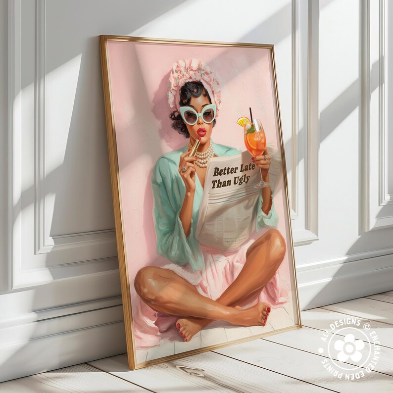 Trendy Retro Coquette Print: 1950s Better Late Than Ugly Newspaper Quote Poster – Black Girl Wall Art image 2