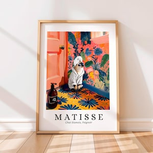 Siamese kat in een gewaad poster, Matisse print, grappige badkamer muurkunst, dopamine decor, moderne kunst uit het midden van de eeuw, Henri Matisse-stijl, kattencadeau