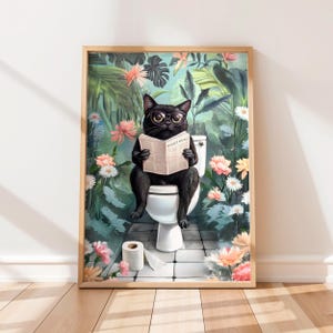 Black Cat on Toilet Print, Funny Bathroom Wall Decor, Funny Posters, Toilet Wall Art, Funny Cat Poster, Pooping Print, Bathroom Wall Art