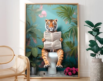 Funny Tiger on Toilet Poster: Botanical Bathroom Art Print