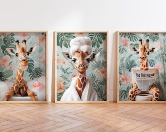 Grappige giraffe badkamerkunstafdrukken: botanisch toiletdecor, set van 3