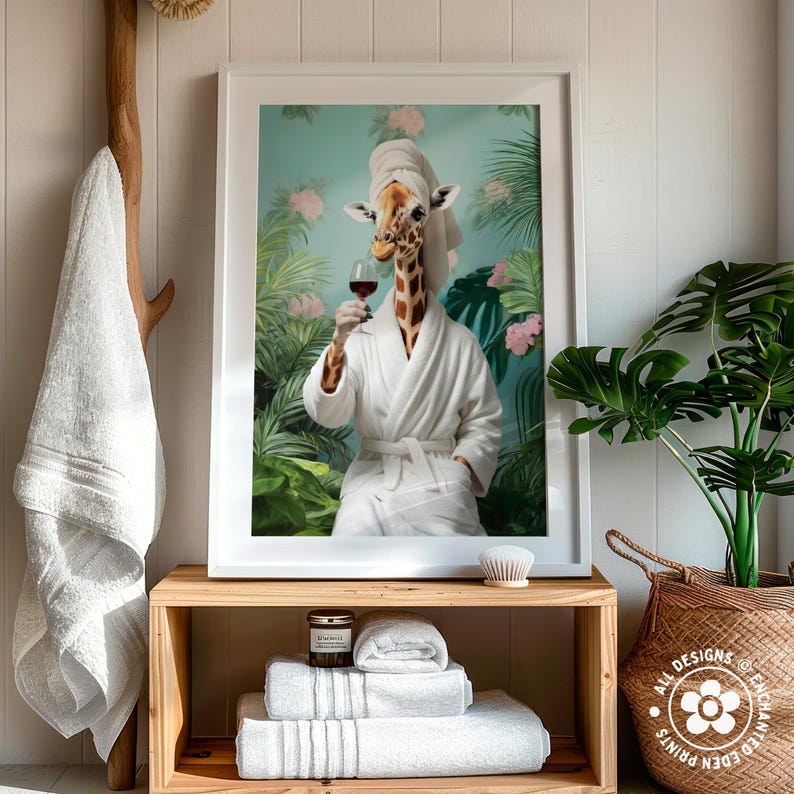 Funny Giraffe in Robe Poster: Tropical & Botanical Bathroom Wall Art ...