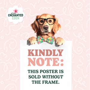 A golden retriever wearing glasses and a bow tie is peeking out from behind a white sign with pink text.