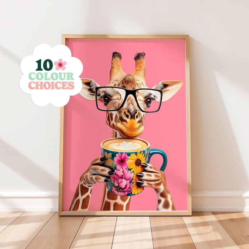 A giraffe wearing glasses and holding a colorful mug is the central focus of the image, set against a pink background.