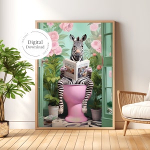Funny Zebra Bathroom Instant Download - Vibrant Animal on Toilet Poster, Botanical Bathroom Decor, Unique Maximalist Wall Art for Home