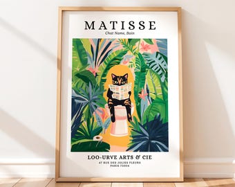 Tabby Cat on a Toilet Poster, Matisse Print, Funny Bathroom Wall Art, Colourful Dopamine Decor, Mid Century Modern Art, Henri Matisse Style