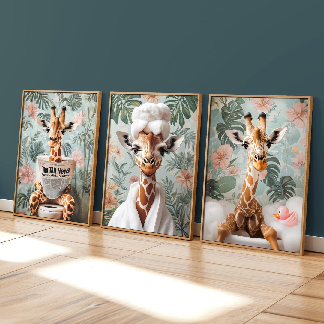 Set of 3 Funny Giraffe Bathroom Wall Art Prints, Dopamine Decor