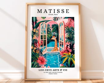 Giraffe in Bath Tub Poster, Matisse Print, Funny Bathroom Wall Art, Dopamine Decor, Mid Century Modern Art, Henri Matisse Style,Giraffe Gift