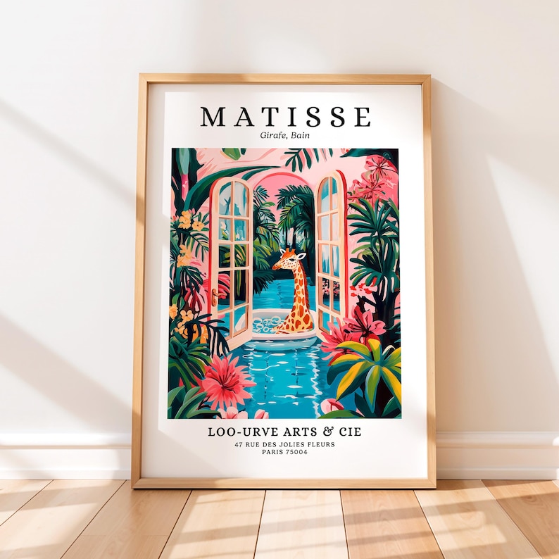 Giraffe in Bath Tub Art Print: Henri Matisse Style Funny Bathroom Wall ...