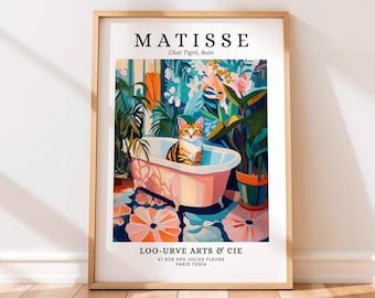 Tabby Cat in Bath Tub Poster, Matisse Print, Funny Bathroom Wall Art, Colourful Dopamine Decor, Mid Century Modern Art, Henri Matisse Style