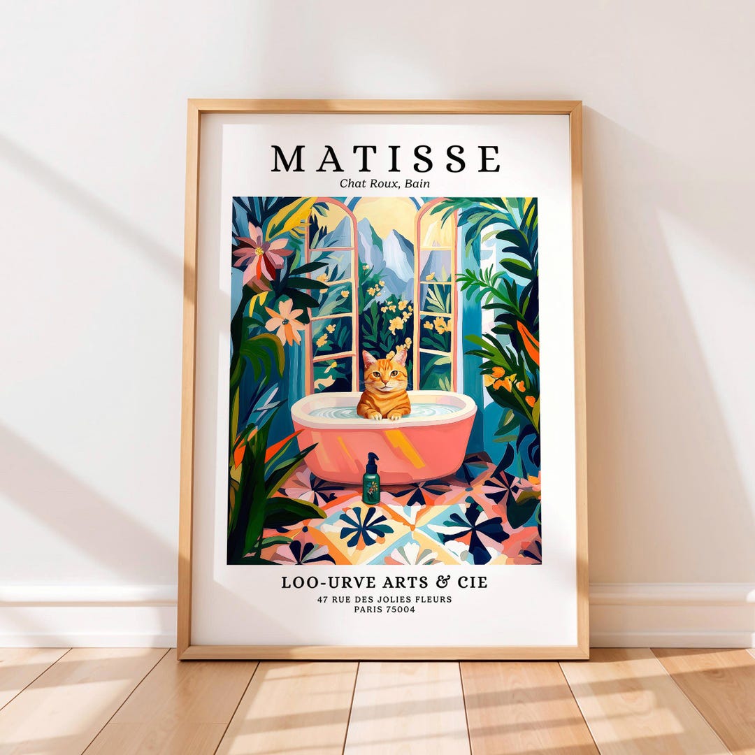 Ginger Cat in Bath Tub Art Print: Henri Matisse Style Funny Bathroom ...
