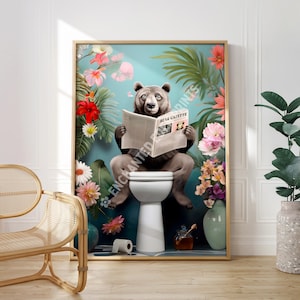 Funny Bear on a Toilet Wall Art, Humorous Animal Print, Maximalist Bathroom Decor, Botanical Illustration, Unique Maximalist Art for Home