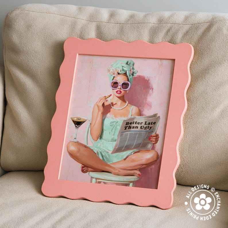 Trendy Retro Coquette Print: 1950s Better Late Than Ugly Newspaper Quote Poster, Girly Wall Art image 4