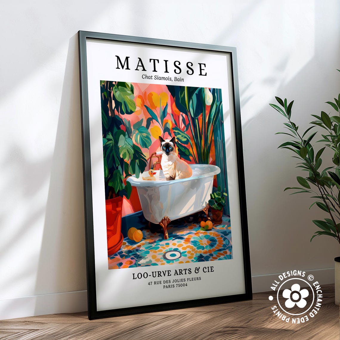 Siamese Cat in Bath Tub Art Print: Henri Matisse Style Funny Bathroom ...