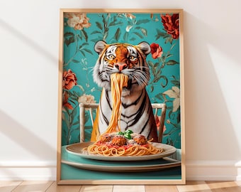 Tiger Eating Spaghetti Kitchen Print: Humorous Maximalist Wall Art