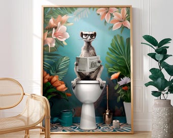 Divertida lámina de suricata para el baño: Arte botánico maximalista para el baño