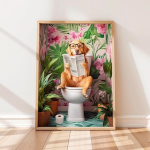Golden Retriever on Toilet Print, Funny Dog Poster, Bathroom Wall Decor, Funny Posters, Toilet Wall Art, Pooping Print, Bathroom Wall Art
