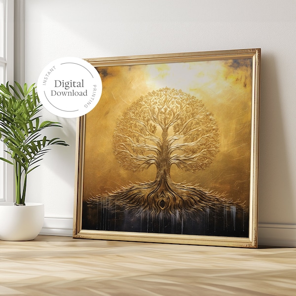Printable Gold Bodhi Tree Painting, Metallic Buddhism Home Decor, Instant Digital Art Download, Serene Yoga Studio Gift