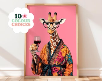 Giraffe Drinking Wine Art Print: Funny Maximalist Kitchen Decor