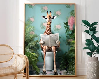 Funny Giraffe on Toilet Poster: Tropical & Botanical Bathroom Wall Art