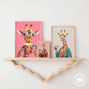 a couple of giraffes that are on a shelf