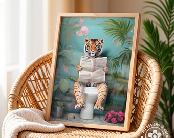 Poster Su Tela Con Tigre Nella Vasca Da Bagno - Decorazione Artistica Botanica Tropicale Per Bagno, 30x38 Cm, Pronto Da Appendere