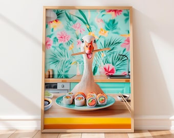 Silly Goose Eating Sushi Kitchen Print: Maximalist Wall Art