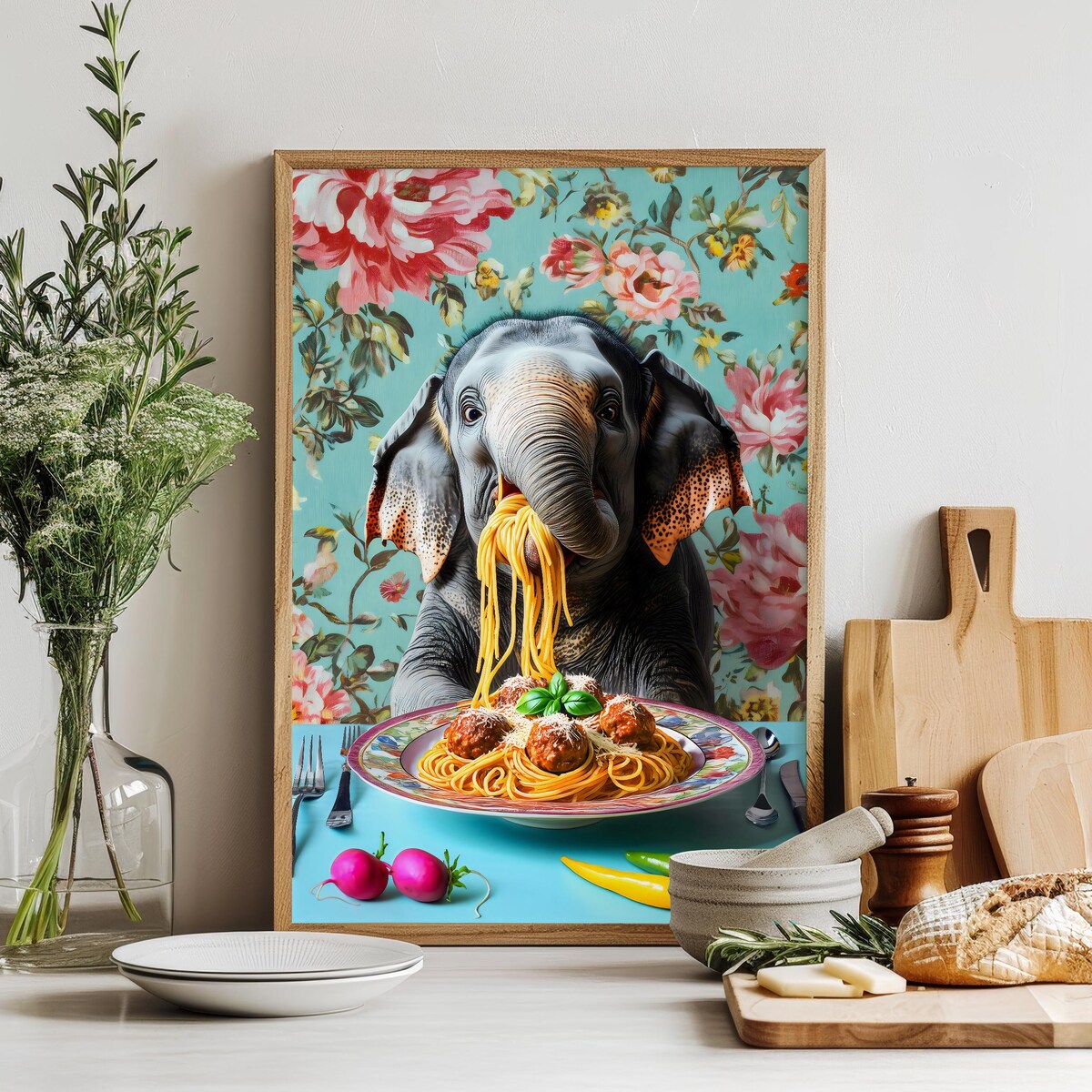Elephant Eating Spaghetti Kitchen Wall Decor (8x 10)