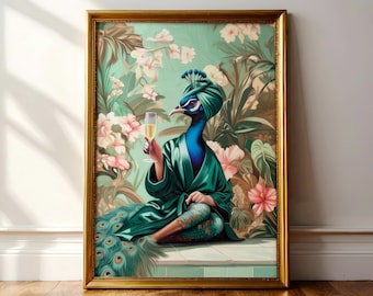 Divertido estampado de pavo real con bata: Arte animal para el baño, decoración para el hogar estilo maximalista verde y safari en la jungla