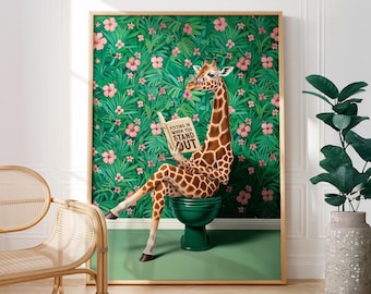 Pôster engraçado de girafa no vaso sanitário: Arte de parede tropical e botânica para banheiro, opção de conjunto com estampa verde