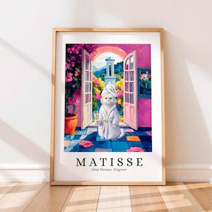 Perzische kat in een gewaad poster, Matisse print, grappige badkamer muurkunst, dopamine decor, moderne kunst uit het midden van de eeuw, Henri Matisse-stijl, kattencadeau