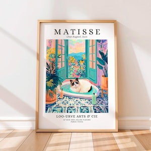 Ragdoll kat in bad poster, Matisse print, grappige badkamer muurkunst, dopamine decor, moderne kunst uit het midden van de eeuw, Henri Matisse-stijl, kattencadeau