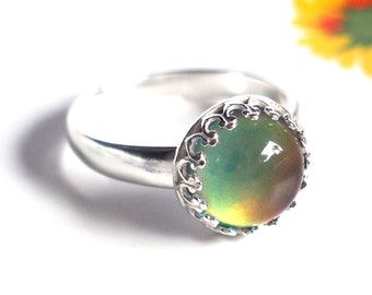 Adjustable Mood Ring, Crown Sterling Silver with Color Changing Mood Stone